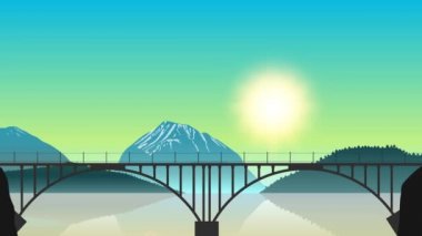 Şafakta bir dağ manzarası arka planda köprüde hareketli bir yük treni