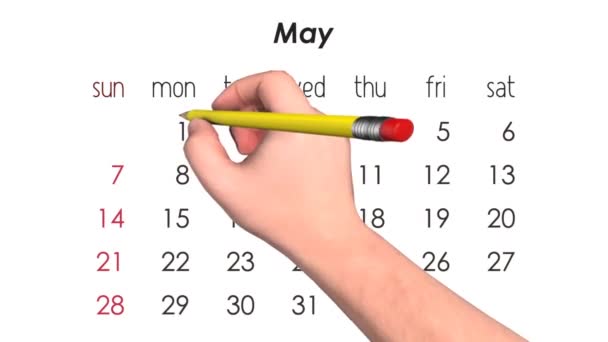 Notas de mano 3D con un lápiz en el calendario mayo 1 día laborable — Vídeos de Stock