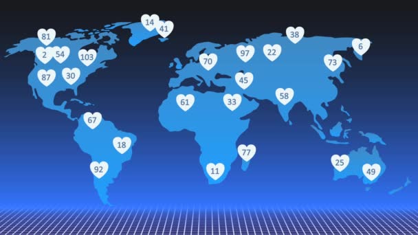 Social network concept animation. The appearance of hearts I like on the world map. — Stock Video