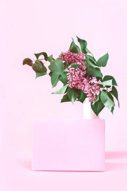 Pembe arka planda pembe zarflı leylak demeti.