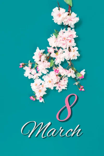 März Text Auf Grußkarte Mit Rosa Sakura Oder Kirschblüten Zweig — Stockfoto