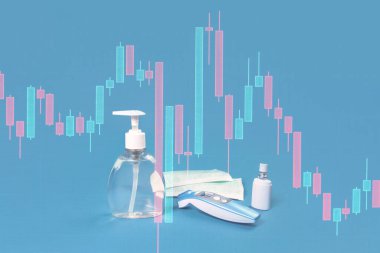 Borsa grafik çöküşü, el dezenfektanı, grip maskesi, antibakteriyel sabun ve termal tarayıcı. Viral salgın ve grip sezonu finansal kriz tepkisi sırasında kişisel hijyen ve dezenfeksiyon