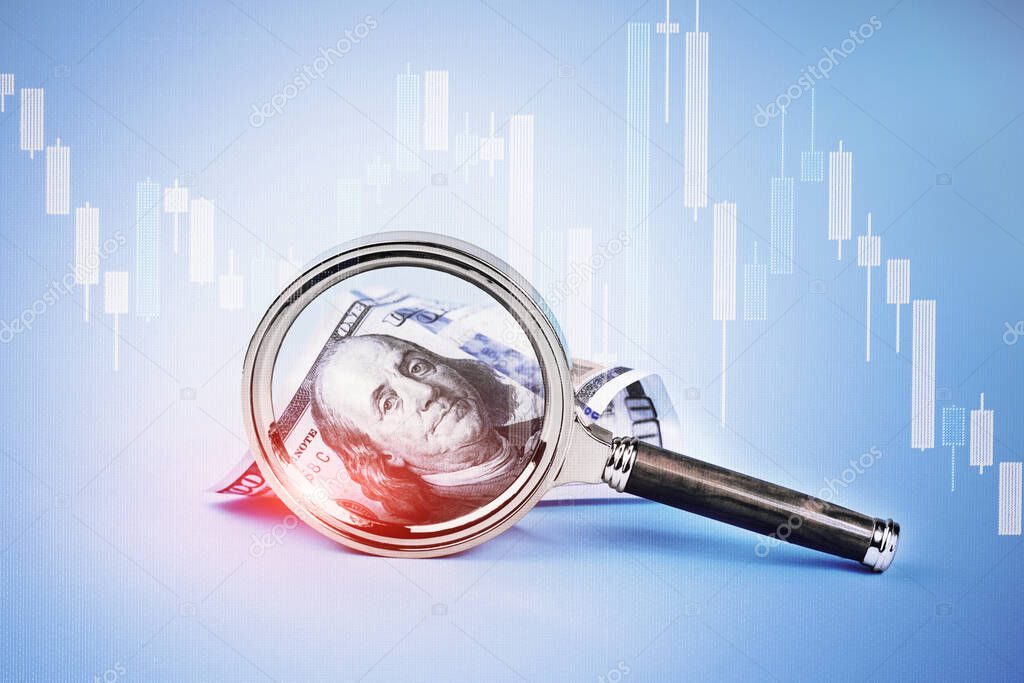 Finance stock chart graph with hundred dollars note under magnifying glass on blue. Finance markets investments loans earnings concept. Personal accounting debts and credits bankruptcy with copy space