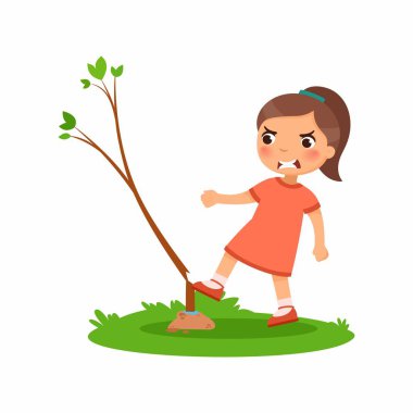 Saldırgan kız, genç ağaç düz vektör çizimini bozuyor. Öfkeli küçük çocuk çizgi film karakterine zarar veriyor. Kızgın çocuk beyaz arka planda izole edilmiş doğayı yok ediyor. Ekoloji koruma kavramı