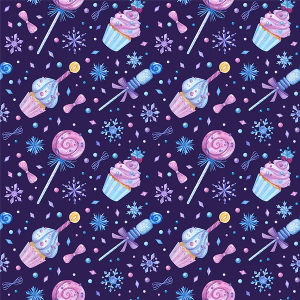 Birthday cakes and lollipops hand drawn seamless pattern. Cupcakes and candy canes color drawing. Sweet-stuff and frozen decorations texture. B-day wallpaper, wrapping paper design