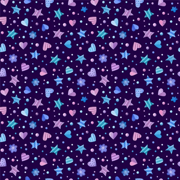 Hearts Stars Flowers Hand Drawn Seamless Pattern Girlish Decorations Color — Stock Photo, Image