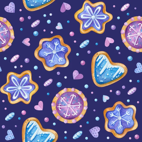 Baked Desserts Gingerbreads Hand Drawn Seamless Pattern Winter Biscuits Color — Stock Photo, Image