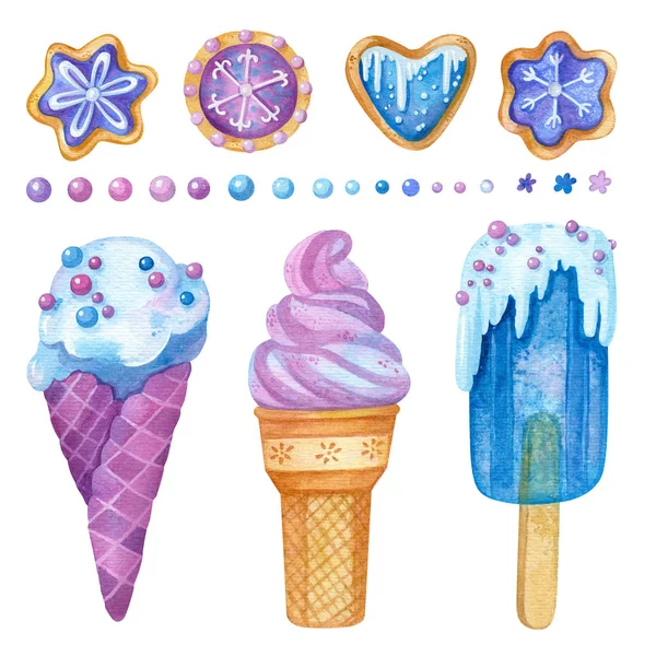 冰淇淋和Gingerbreads手绘插图集 冬天烤和冷冻甜点 美味的素描包 在白色背景下孤立的卡通冰淇淋锥和冰棍集合 — 图库照片