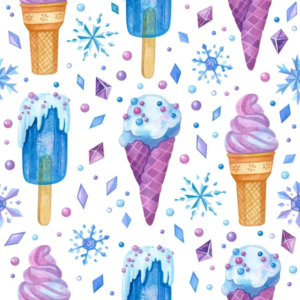 Dondurma Kar Taneleri Elle Çizilmiş Donmuş Tatlılar Renk Çizimi Yapar — Stok fotoğraf