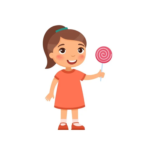 Linda Chica Con Dulce Rosa Caramelo Plana Vector Ilustración Niño — Vector de stock