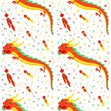 Ejderhalar ve havai fişekler düz vektör, kusursuz şenlik düzeni. Asya festivalinin yıllık arka planı. Geleneksel Çin efsanevi yaratık çizgi film dokusu. Doğulu tatil ambalaj kağıdı tasarımı