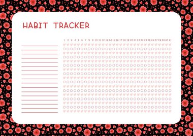 Aylık düz vektör şablonu için alışkanlık izleyici. Kırmızı çiçekli planlama sayfası ve siyah arkaplanlı kalpler. Görevler boş zaman çizelgesi tasarımı