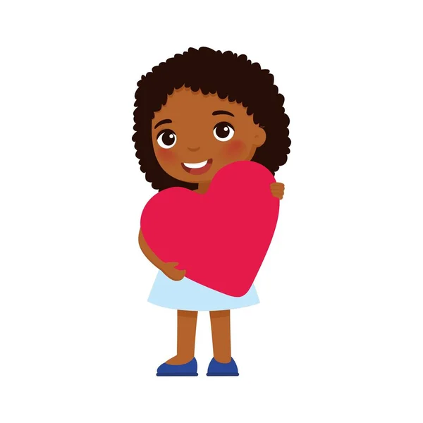 小女友抱着心形贺卡平面矢量插图 情人节庆祝活动 黑皮肤微笑的孩子性格 2月14日假日隔离设计元素 — 图库矢量图片