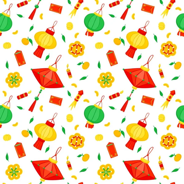 中国の提灯や花火フラットベクトルお祝いシームレスパターン アジアの毎年恒例のお祭りの背景 伝統的な中国の休日のシンボルテクスチャ オリエンタル旧正月包装紙 — ストックベクタ