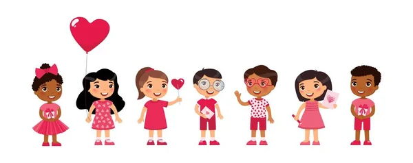 Multicultural Little Boys Girls Dating Celebrating Valentines Day Flat Vector — Stock Vector