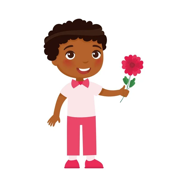 Niño Sosteniendo Flor Plana Vector Ilustración Celebración San Valentín Personaje — Vector de stock