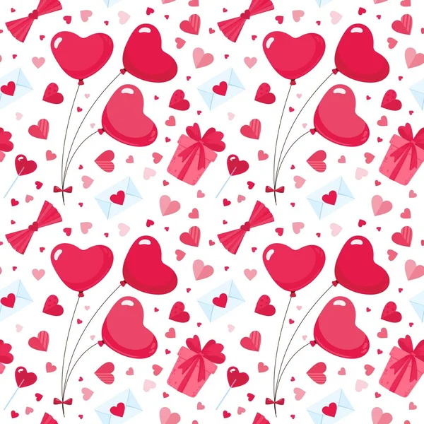 Februar Urlaub Romantische Flache Vektor Nahtlose Muster Herzförmige Luftballons Und — Stockvektor