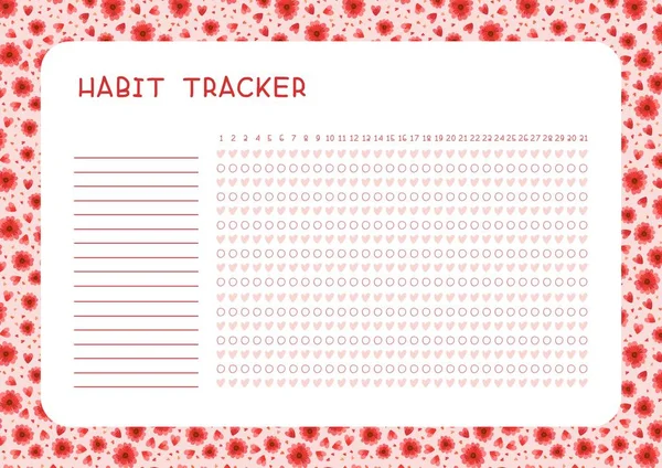 Aylık düz vektör şablonu için alışkanlık izleyici. Kırmızı çiçekli ve kalpli planlama sayfası. Görevler boş zaman çizelgesi arayüzü