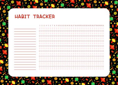 Aylık düz vektör şablonu için alışkanlık izleyici. Çin fenerleri ve havai fişek planlama sayfası. Günlük başarı planları. Görevler boş zaman çizelgesi arayüzü