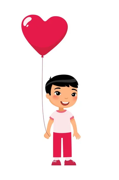 Menino Segurando Coração Forma Balão Ilustração Vetorial Plana Celebração Dia — Vetor de Stock