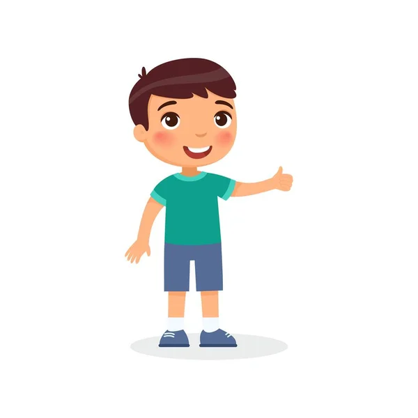 Χαριτωμένο Αγόρι Δείχνει Αντίχειρες Μέχρι Χειρονομία Χρώμα Επίπεδη Διανυσματική Απεικόνιση — Διανυσματικό Αρχείο