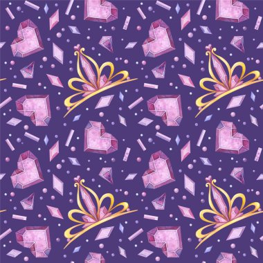 Diadems and crystals hand drawn seamless pattern. Crystalline tiaras, hearts and jewels color drawing. Fairytale items texture. Creative textile, wallpaper, wrapping paper design clipart
