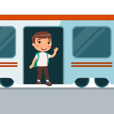 Genç çocuk düz vektör çiziminden çıkıyor. Demiryolu taşımacılığında el sallayan küçük bir yolcu. Tren geliyor, kalkıyor. Küçük çocuk renkli çizgi film karakterini terk ediyor.
