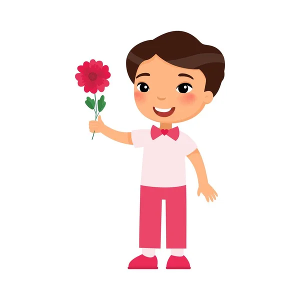 Niño Sosteniendo Flor Plana Vector Ilustración Celebración San Valentín Personaje — Vector de stock