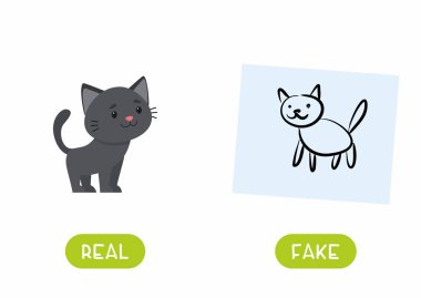 Kedi çizimi ve tipografiyle kedi çizimi. Gerçek ve sahte karşıt anlamlı kelime kart vektör şablonu. Düz karakterli ingilizce öğrenmek için flashcard. Karşıt kavram. 