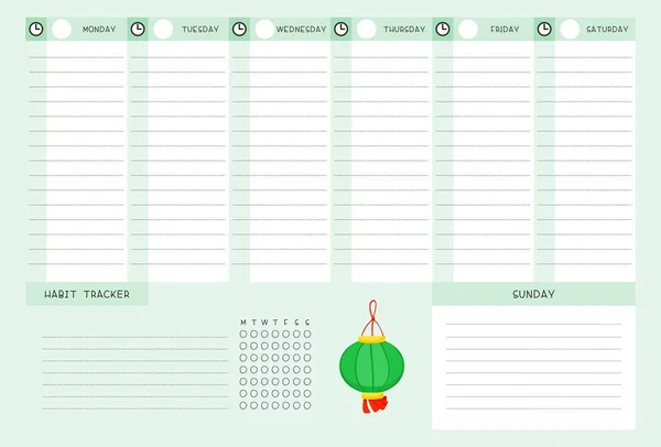 Week Timetable Habit Tracker Chinese Lantern Flat Vector Template Calendar — Stock Vector
