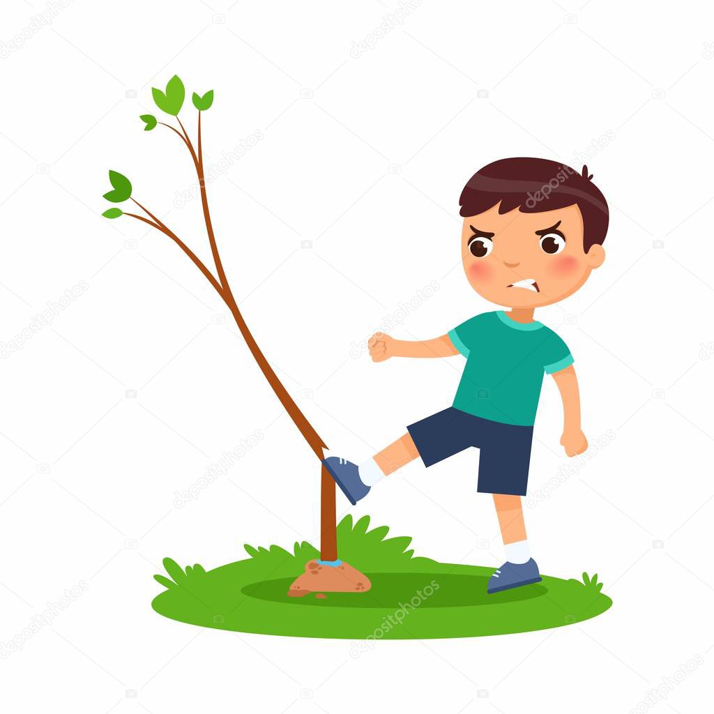 Aggressive boy breaking young tree flat vector illustration