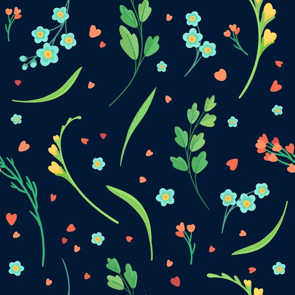 Abstract Wildflowers Dark Blue Background Flowers Blossoms Leaves Flat Vector — 스톡 벡터