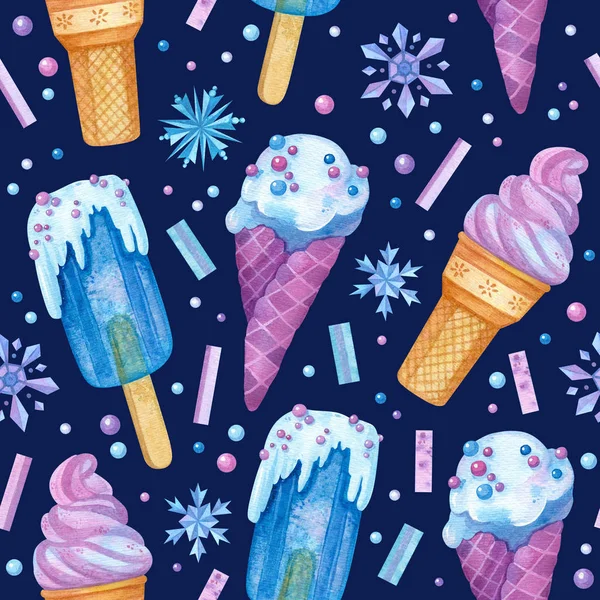 Ijs Sneeuwvlokken Met Hand Getekend Naadloos Patroon Bevroren Desserts Kleur — Stockfoto