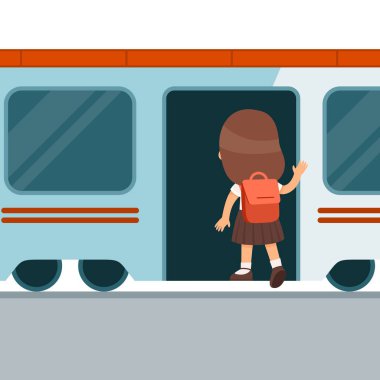 Sırt çantalı kız trenin düz vektör çizimine giriyor. Küçük yolcumuz arabaya biniyor. Demiryolu ulaşımında, metro istasyonunda duran çocuk bakışı. Tren kalkıyor. Çizgi film karakteri