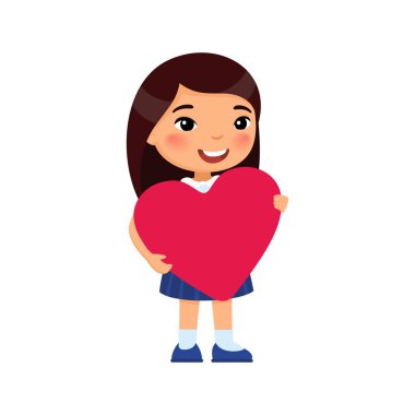 Little girlfriend holding heart shaped greeting card flat vector illustration. Valentines Day celebration. Asian smiling child character. February 14 holiday isolated design element