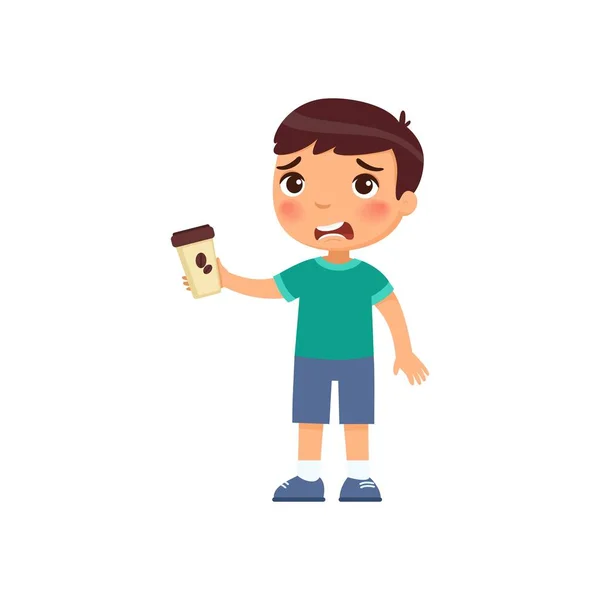 Little boy with takeaway coffee flat vector illustration — 스톡 벡터