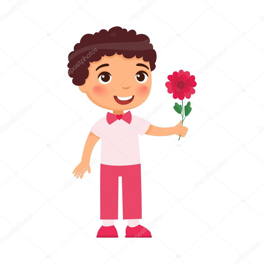 Little boy holding flower flat vector illustration. Valentines Day celebration. Smiling child character with bouquet. February 14 holiday isolated design element
