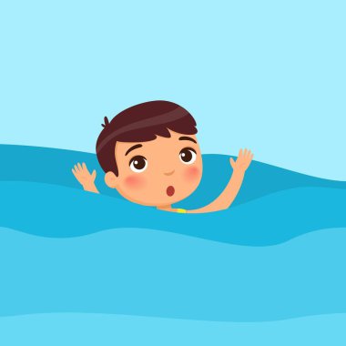 Korkmuş küçük çocuk düz vektör çiziminde yüzüyor. Çocuk batıyor, el sallıyor ve denizden yardım istiyor. Su tehlikesi. Çocuk mavi arka planda çizgi film karakteri öğreniyor.