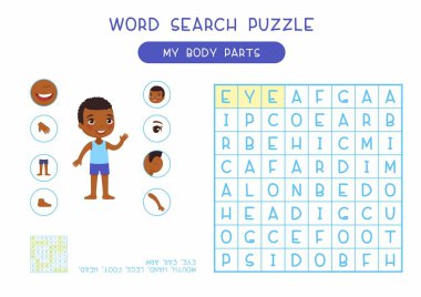My body parts word search puzzle flat vector design. Anatomy learning game for kids template, cartoon worksheet idea. Childish printable crossword with human external organs names layout