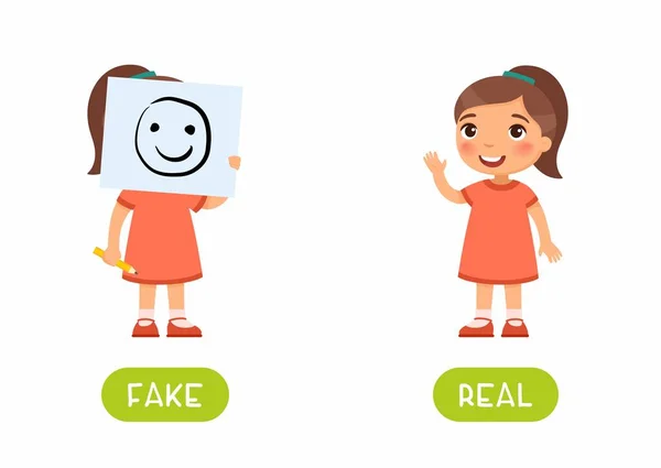 Girl Holding Drawing Smiling Face Illustration Typography Real Fake Antonyms — ストックベクタ