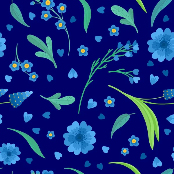 Blue Flowers Blossoms Flat Vector Retro Seamless Pattern Abstract Wildflowers — 스톡 벡터