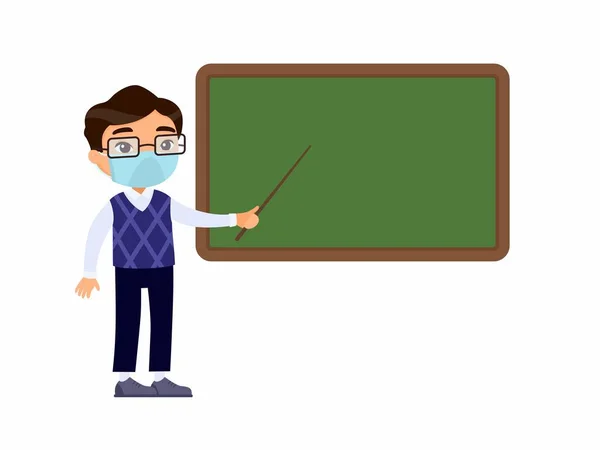 Asian male teacher with protective masks on his face standing near blackboard flat vector illustration. Tutor pointing at blank chalkboard in classroom cartoon character.  Respiratory protection, allergies concept.  School lesson, tutor explaining ta