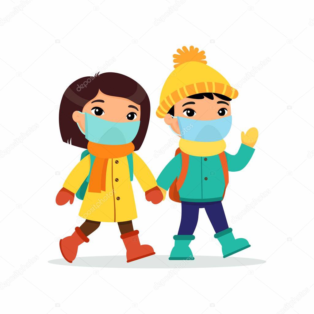 Asian schoolgirl and schoolboy going to school flat vector illustration. Couple pupils with medical masks on their faces holding hands isolated cartoon characters. Two elementary school students with backpacks waving hand and greeting