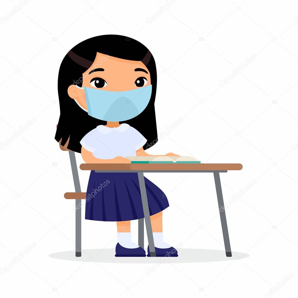 Pupil at lesson with protective mask on his face flat vector illustrations set. Asian schoolgirl is sitting in a school class at her desk. Virus protection, allergies concept. Vector illustration on a white background.