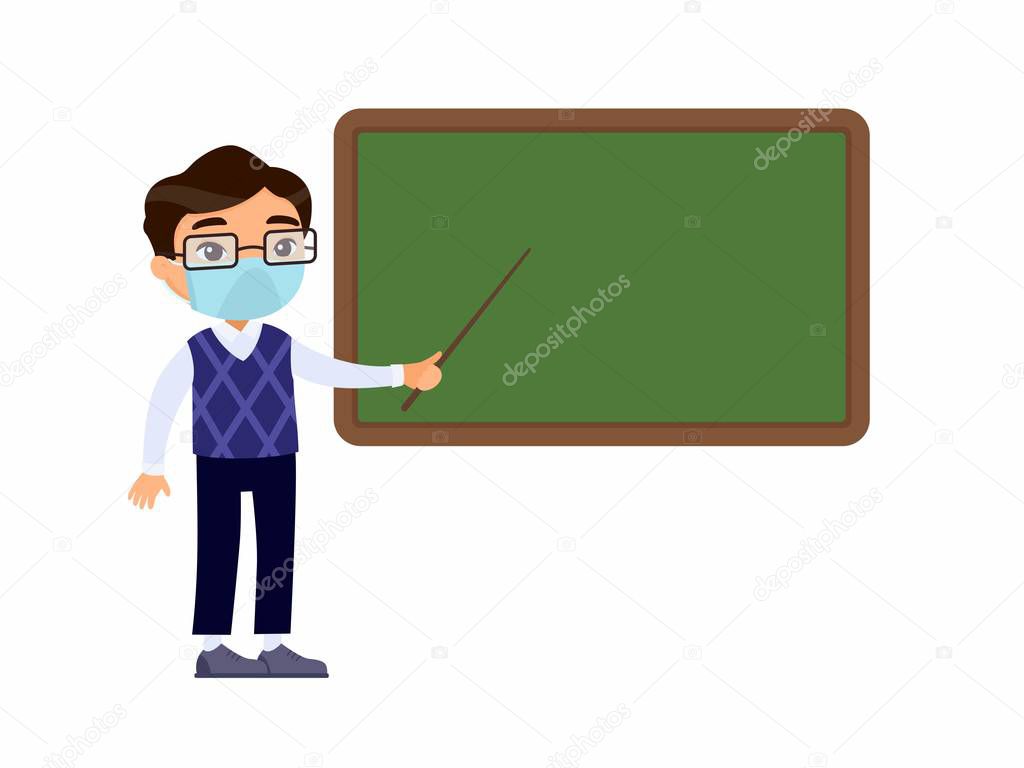 Asian male teacher with protective masks on his face standing near blackboard flat vector illustration. Tutor pointing at blank chalkboard in classroom cartoon character.  Respiratory protection, allergies concept.  School lesson, tutor explaining ta