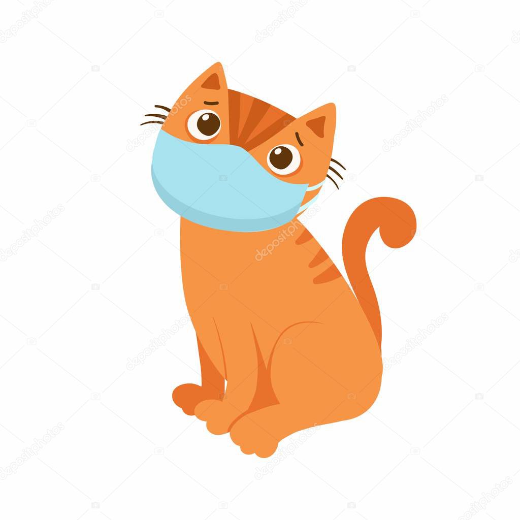 Sad cat with a respiratory mask on his face. The concept of protection against respiratory diseases, allergies. Coronavirus protection. Vector illustration on a white background.