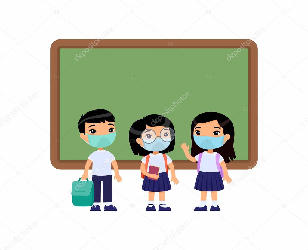 Asian pupils  with medical masks on their faces. Boys and girls dressed in school uniform  standing near blackboard  cartoon characters. Virus protection, allergies  concept. Vector illustration on a white background.