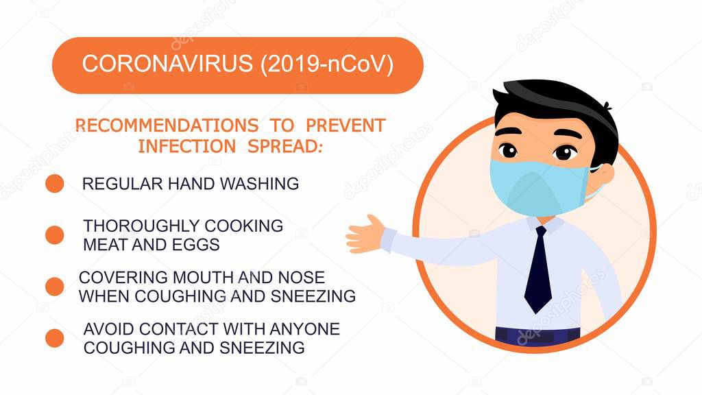 Cartoon asian man in an office suit points to a list of recommendations for protection against coronavirus. Character with a madical mask on his face. Virus protection infographics. Vector illustration on a white background.