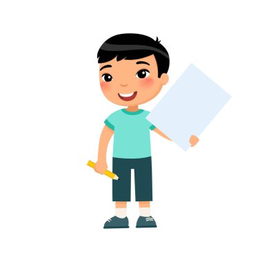 Elinde boş kağıt tutarak gülümseyen küçük bir çocuk. Beyaz arka planda, elinde boş bir poster ve kalem olan sevimli bir okul çocuğu. Not defteri sayfası olan Asyalı çocuk maket yap