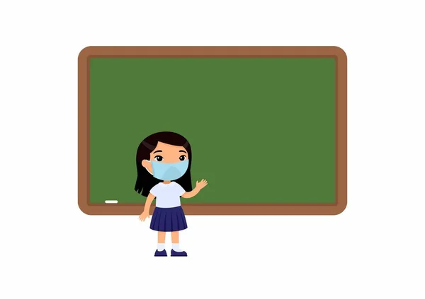 Alumna Primaria Con Máscara Protectora Cara Ilustración Vectorial Plana Chica — Vector de stock